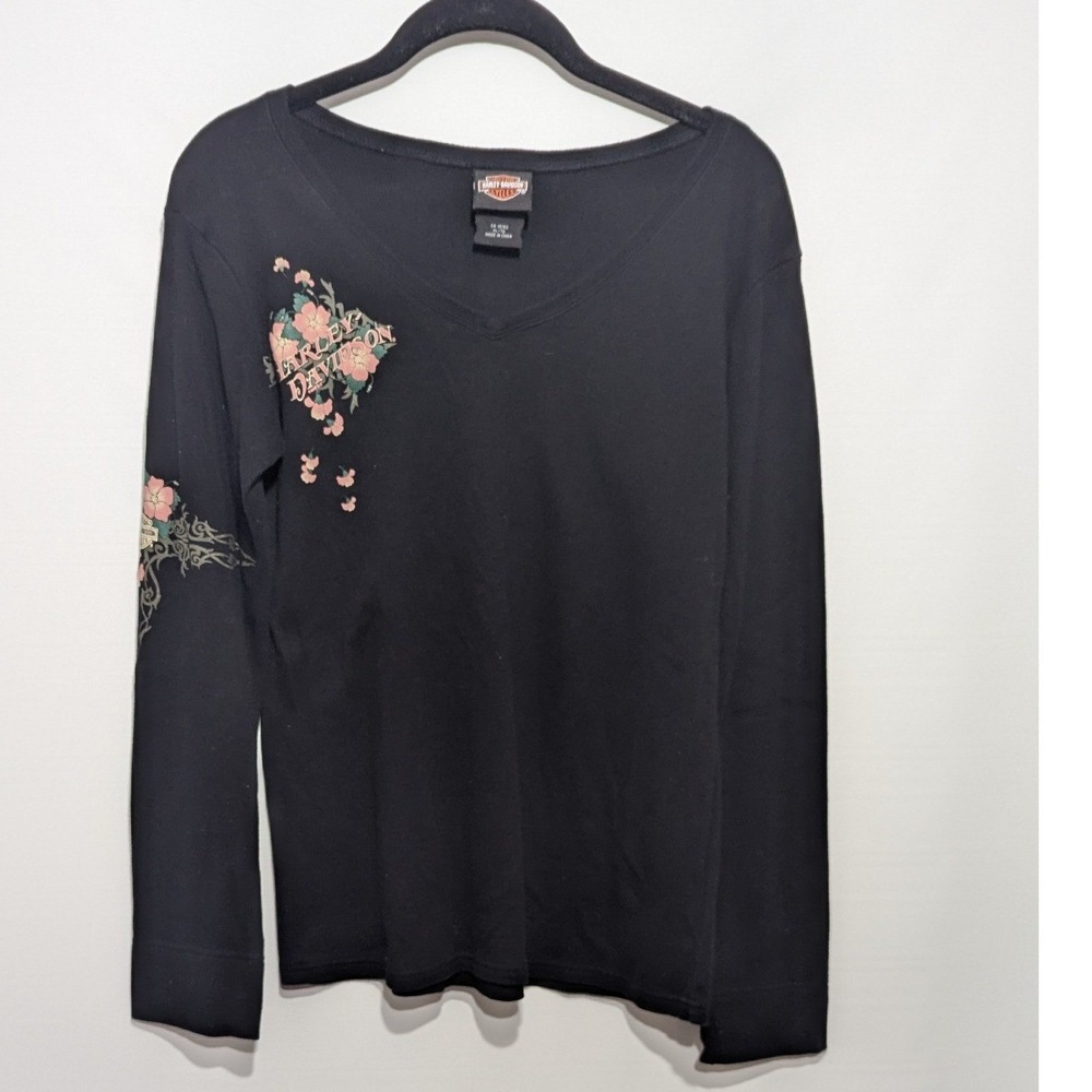 Harley-Davidson Long Sleeve Shirt Black Cotton Floral Graphic XL Y2K Biker Goth